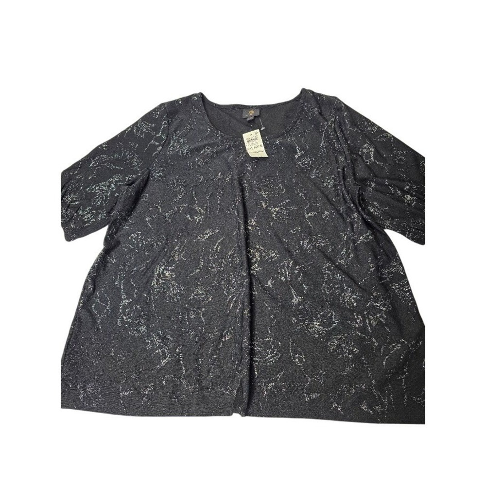 JM Collection Black Metallic Floral‎ 3/4 Sleeve Top Women's Plus Size XXL NWT